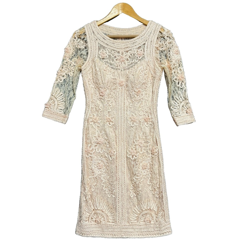 Sue Wong Nocturne Pink Lace Sheath Dress Boho Romantic Coquette Cocktail Size 6